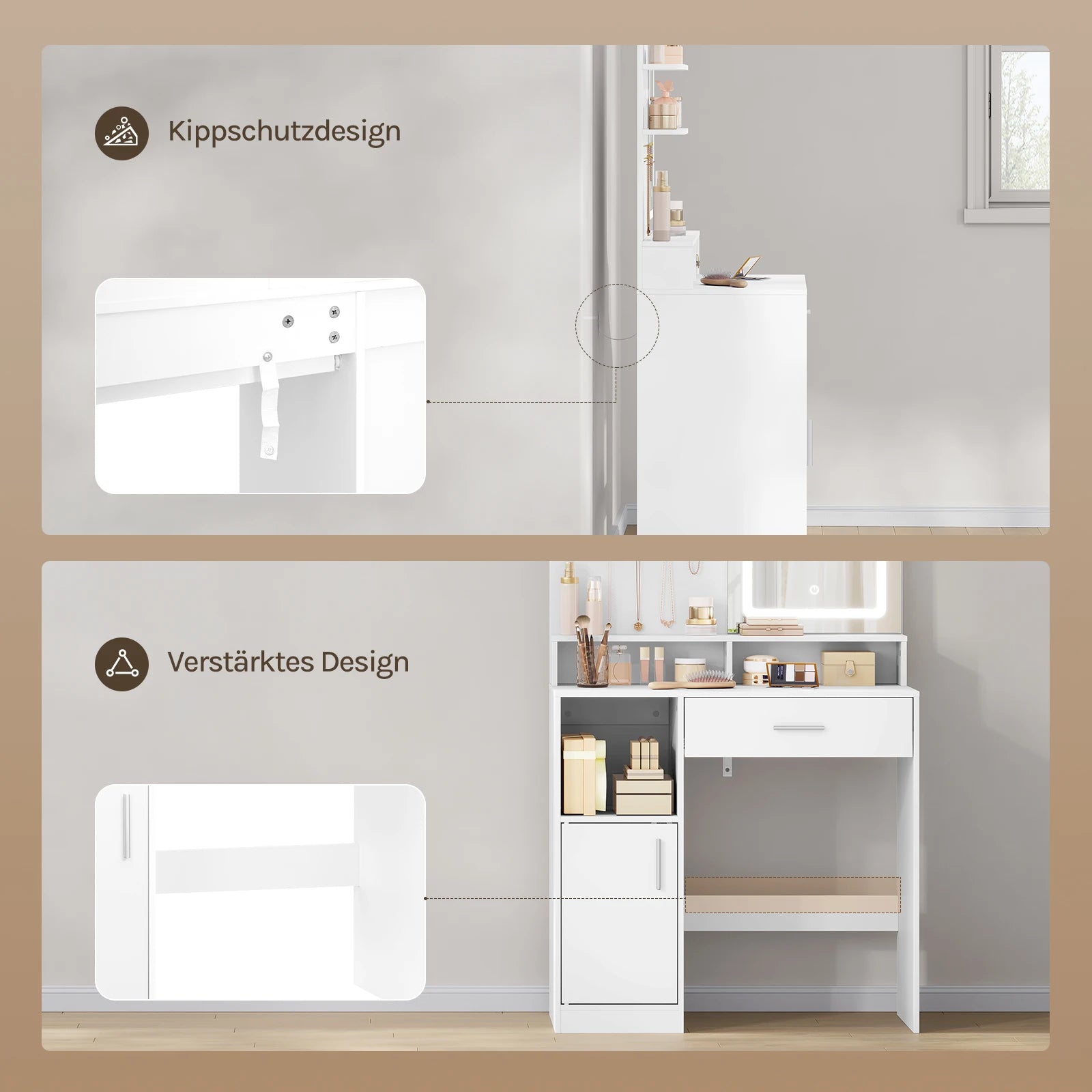 LED Vanity Dressing Table with Adjustable Mirror & 3-Shelf Storage Cabinet