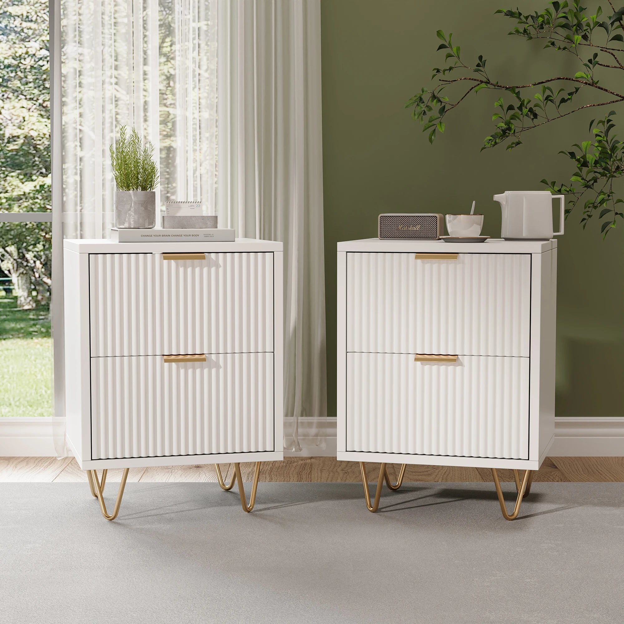 Boho Wood Bedside Table – Set of 2 with Drawers for Bedroom & Living Room