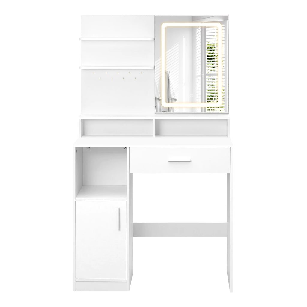 LED Vanity Dressing Table with Adjustable Mirror & 3-Shelf Storage Cabinet
