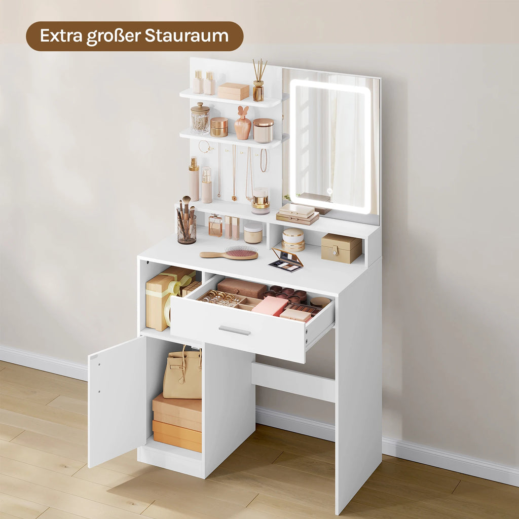 LED Vanity Dressing Table with Adjustable Mirror & 3-Shelf Storage Cabinet