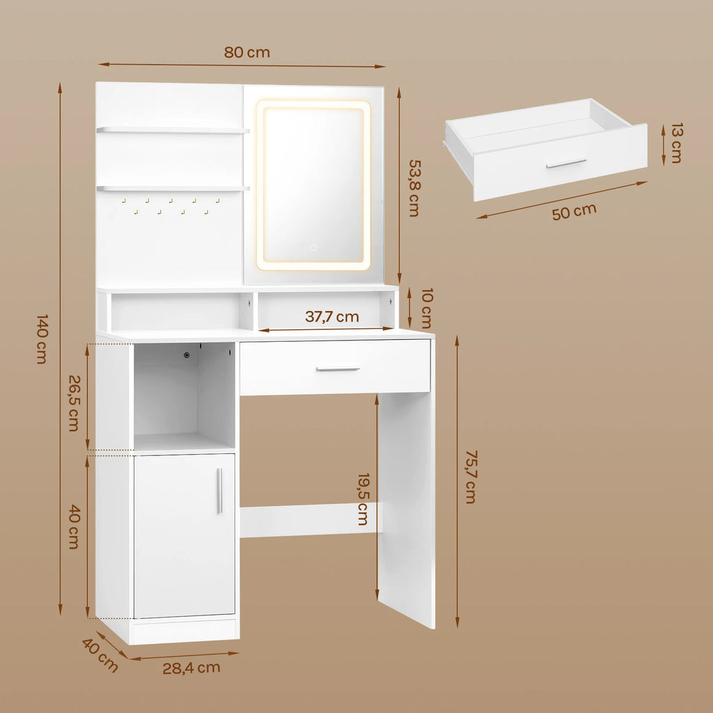 LED Vanity Dressing Table with Adjustable Mirror & 3-Shelf Storage Cabinet