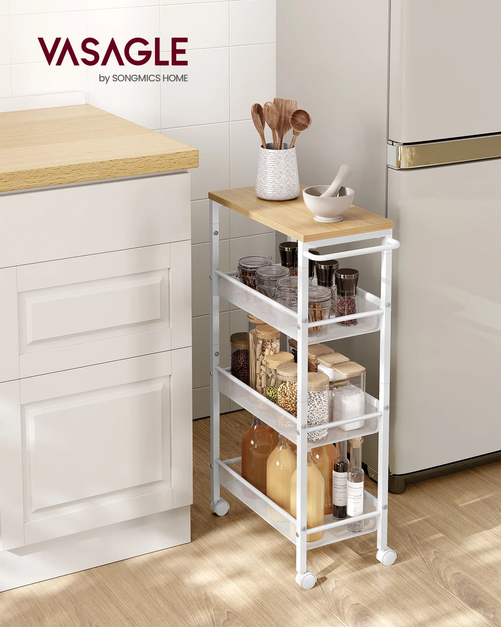 Narrow 4-Level Kitchen Rolling Cart – Steel Niche Shelf on Wheels, 22x45x77cm