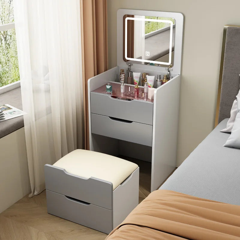 Modern Wood Makeup Vanity Table with LED Lights and Small Storage Cabinets for Bedroom Home Furniture