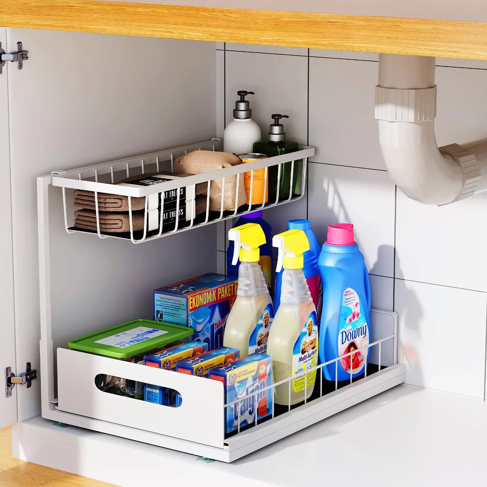 Under-Sink Sliding Storage Rack – Double Layer Bathroom & Kitchen Organizer