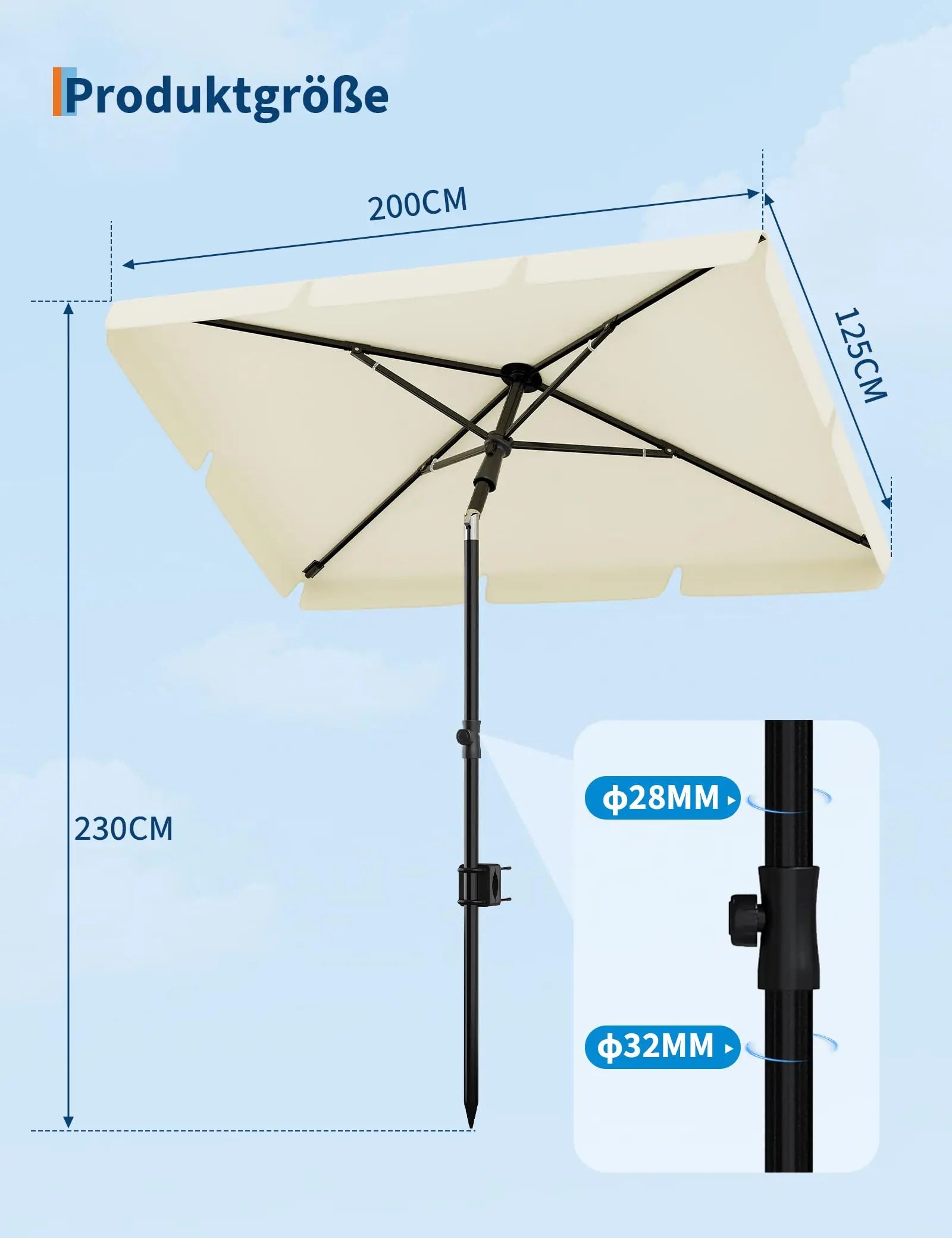 UPF 50+ Adjustable Beach Umbrella – 200x125cm Foldable Sun Shade with Carry Cover