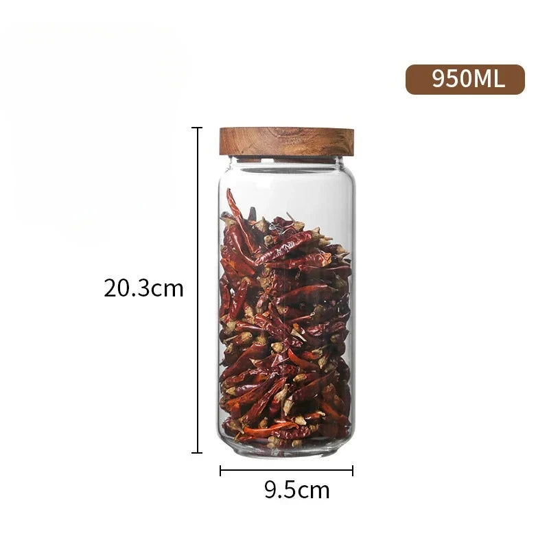 Glass Airtight Kitchen Storage Jar with Wood Lid – Sealed Food Container for Grains & Spices