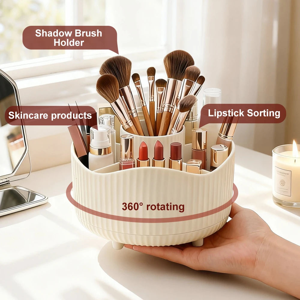 Rotating Makeup Organizer – 360° Cosmetic Display Carousel with Brush Holder & Perfume Tray