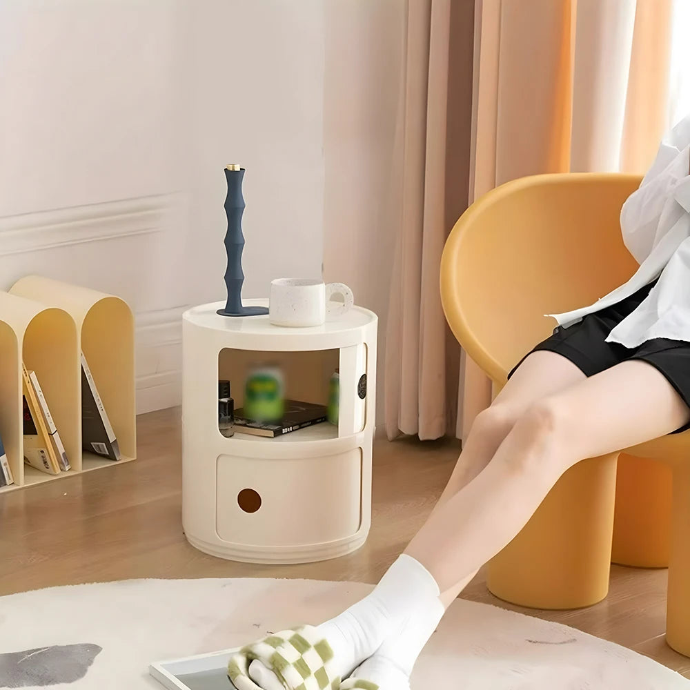 Round Bedside Nightstand with Drawers – Modern Multi-Layer Storage Cabinet