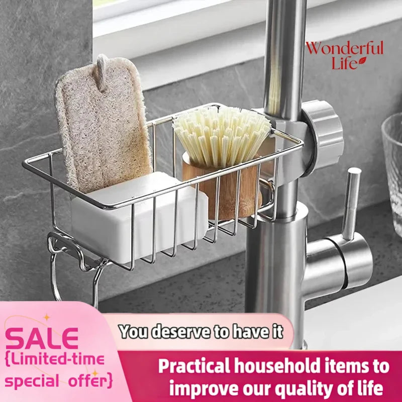 Stainless Steel Sink Drain Rack – Faucet Holder, Soap Drainer & Towel Shelf for Kitchen