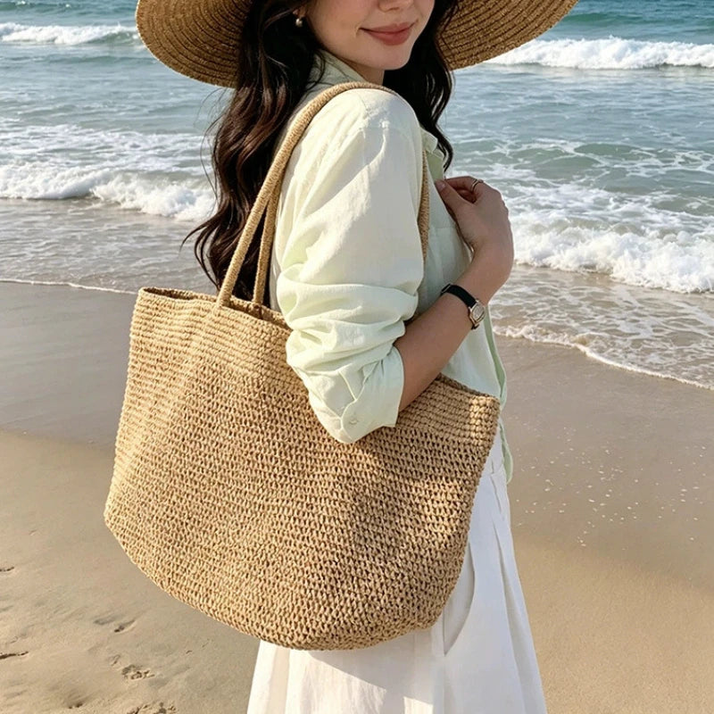Large Handwoven Rattan Tote Bag – Natural Straw Beach Bag & Summer Shoulder Purse