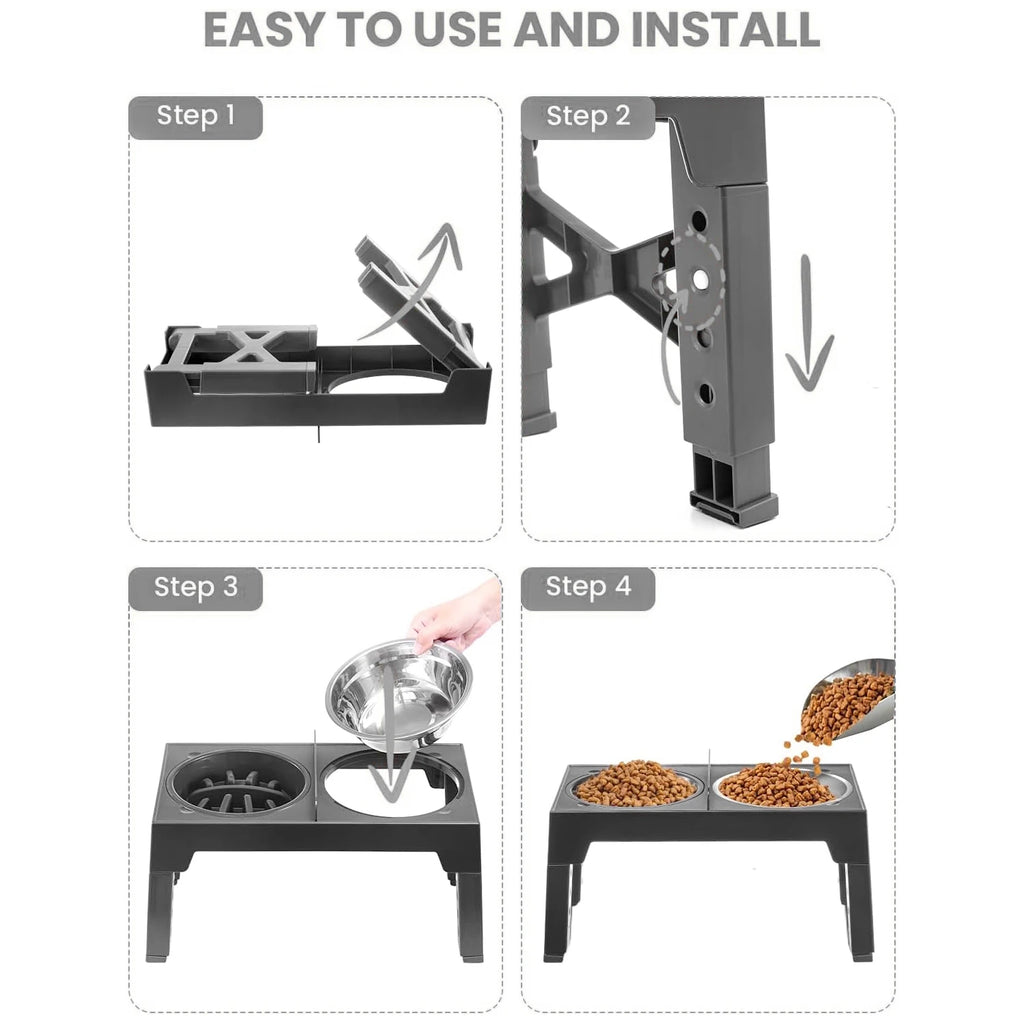 Adjustable Elevated Dog Bowls – Foldable Raised Feeder with Stainless Steel Bowls