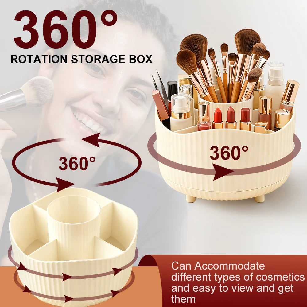 Rotating Makeup Organizer – 360° Cosmetic Display Carousel with Brush Holder & Perfume Tray