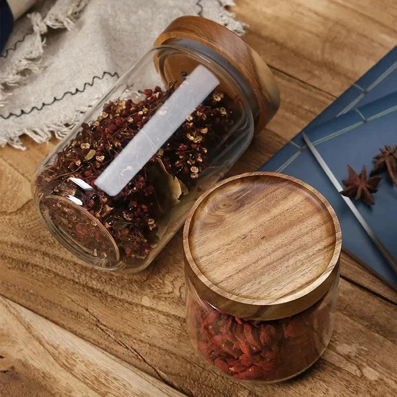 Glass Airtight Kitchen Storage Jar with Wood Lid – Sealed Food Container for Grains & Spices
