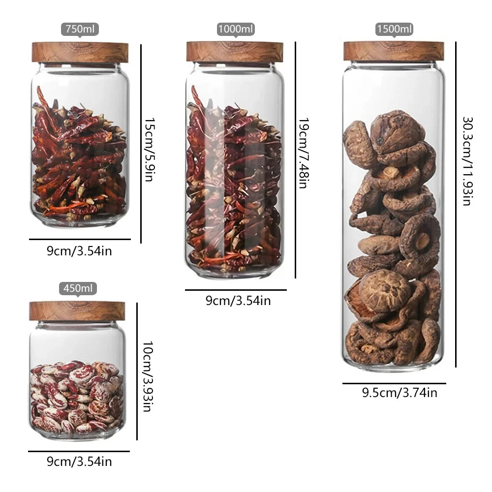 Glass Airtight Kitchen Storage Jar with Wood Lid – Sealed Food Container for Grains & Spices