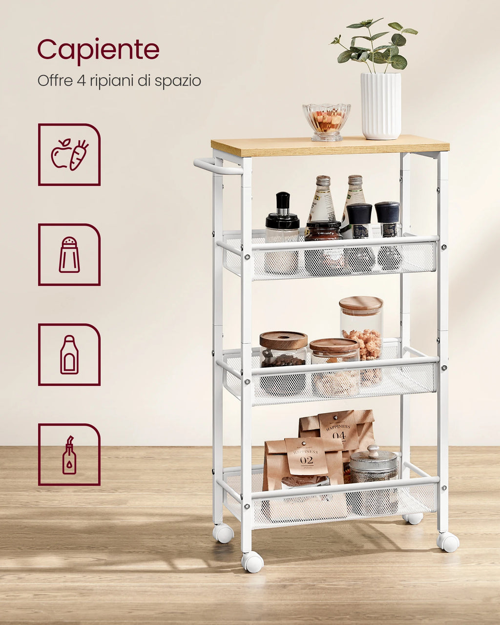 Narrow 4-Level Kitchen Rolling Cart – Steel Niche Shelf on Wheels, 22x45x77cm