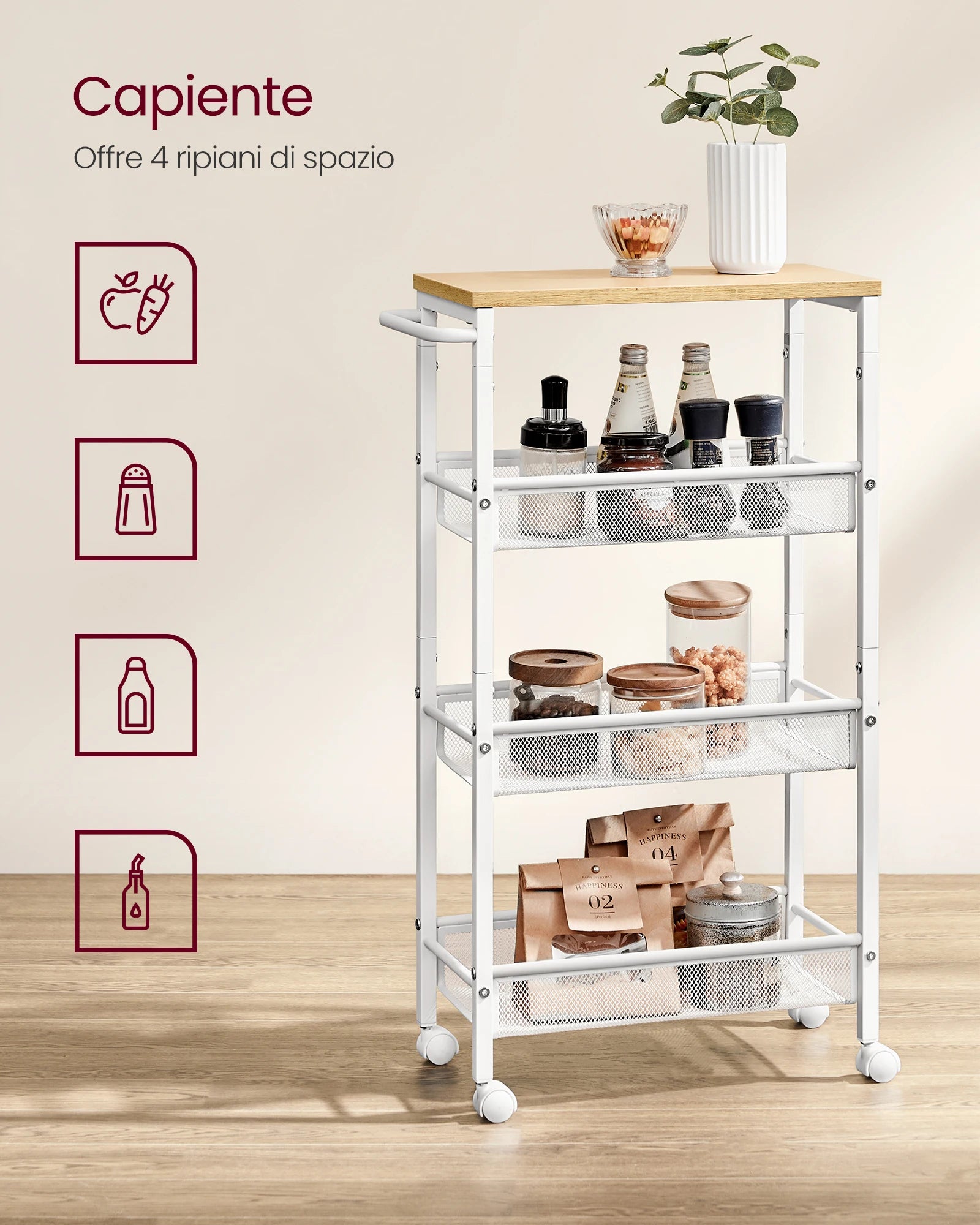Narrow 4-Level Kitchen Rolling Cart – Steel Niche Shelf on Wheels, 22x45x77cm