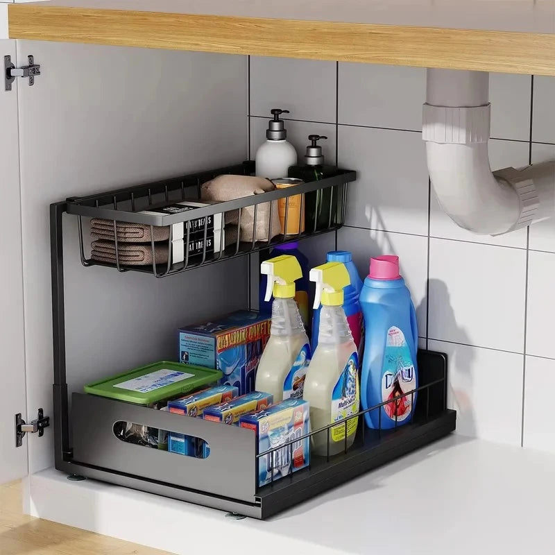 Under-Sink Sliding Storage Rack – Double Layer Bathroom & Kitchen Organizer
