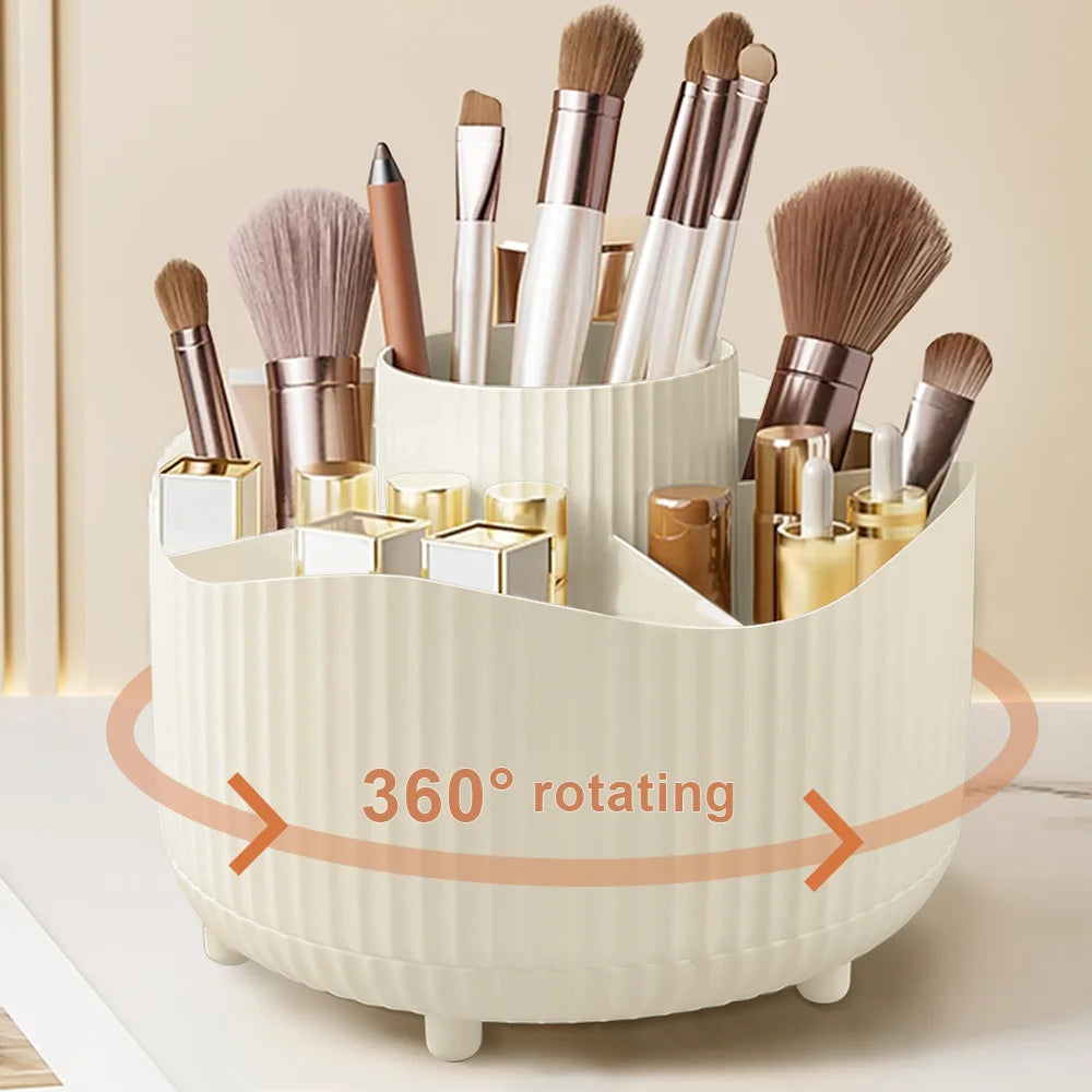 Rotating Makeup Organizer – 360° Cosmetic Display Carousel with Brush Holder & Perfume Tray