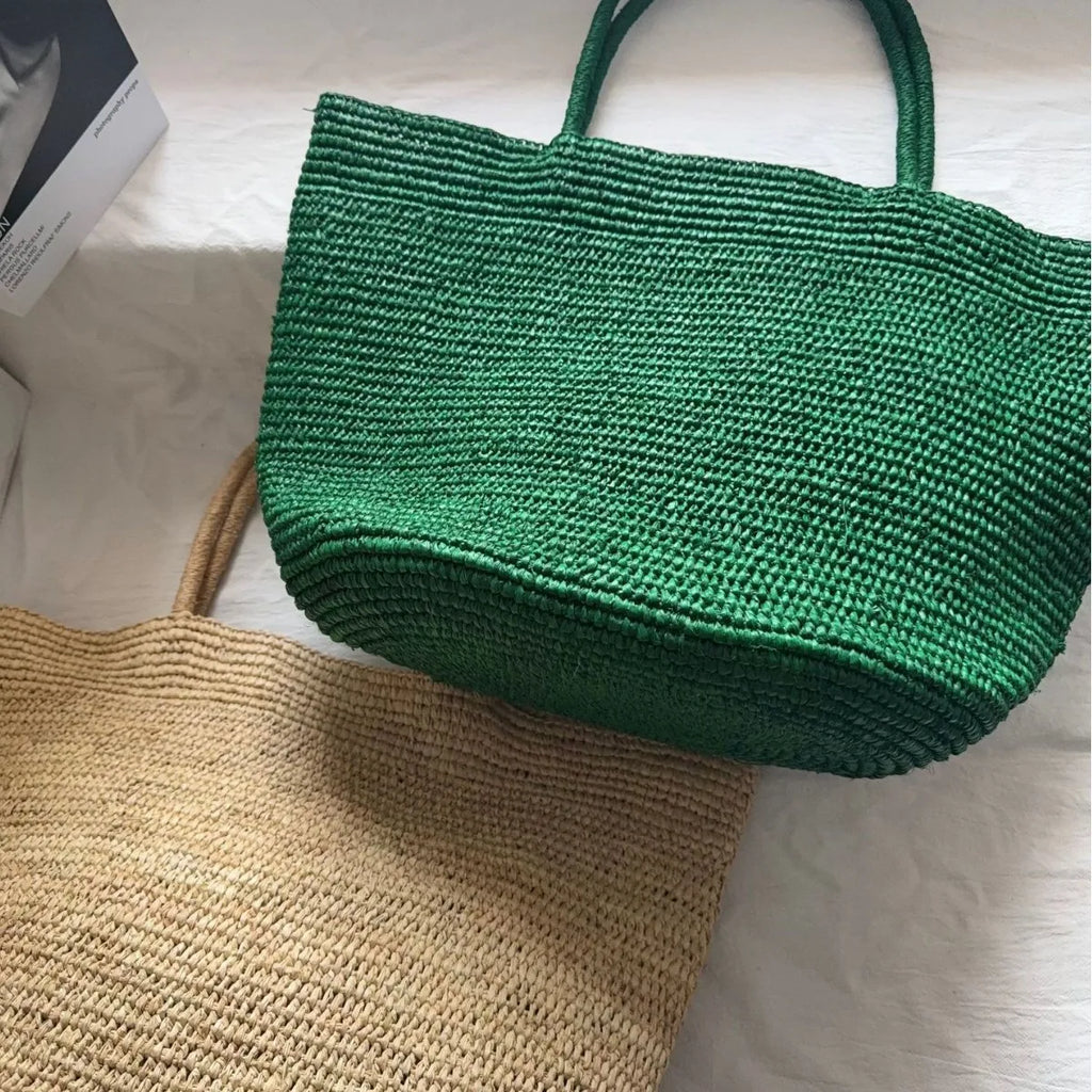 Large Handwoven Rattan Tote Bag – Natural Straw Beach Bag & Summer Shoulder Purse