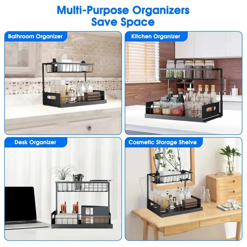 Under-Sink Sliding Storage Rack – Double Layer Bathroom & Kitchen Organizer