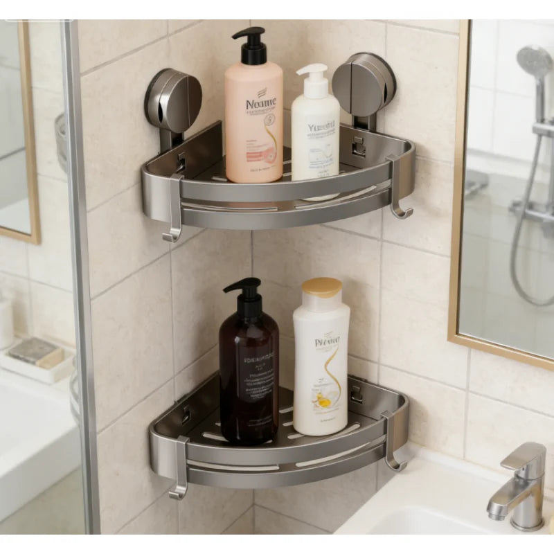 Suction Cup Shower Corner Shelf – Wall Mounted No-Drill Organizer for Shampoo Bottles, Bathroom Storage Rack