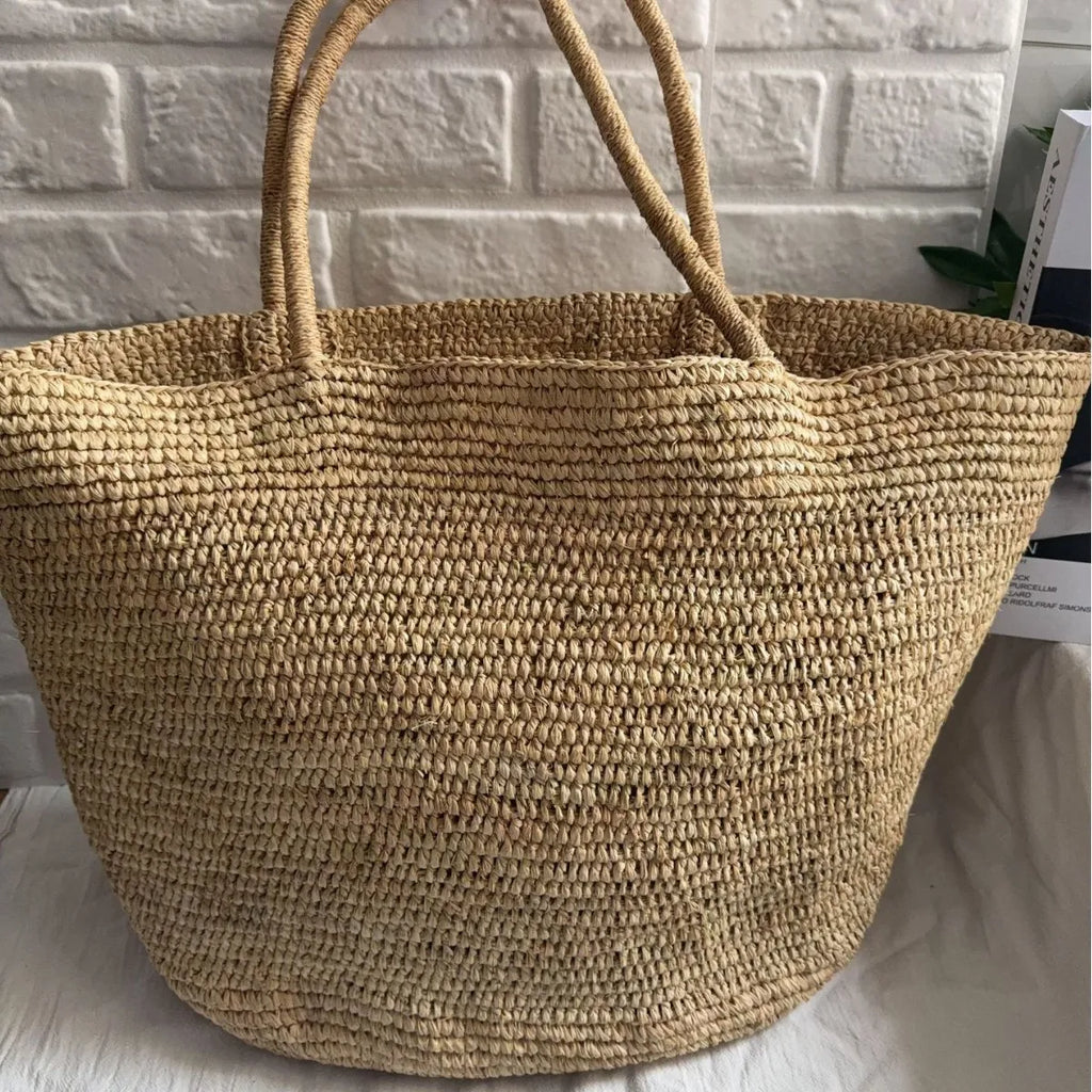 Large Handwoven Rattan Tote Bag – Natural Straw Beach Bag & Summer Shoulder Purse