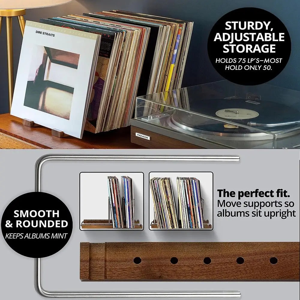 Adjustable Walnut Vinyl Record Stand – Portable Album Display Holder