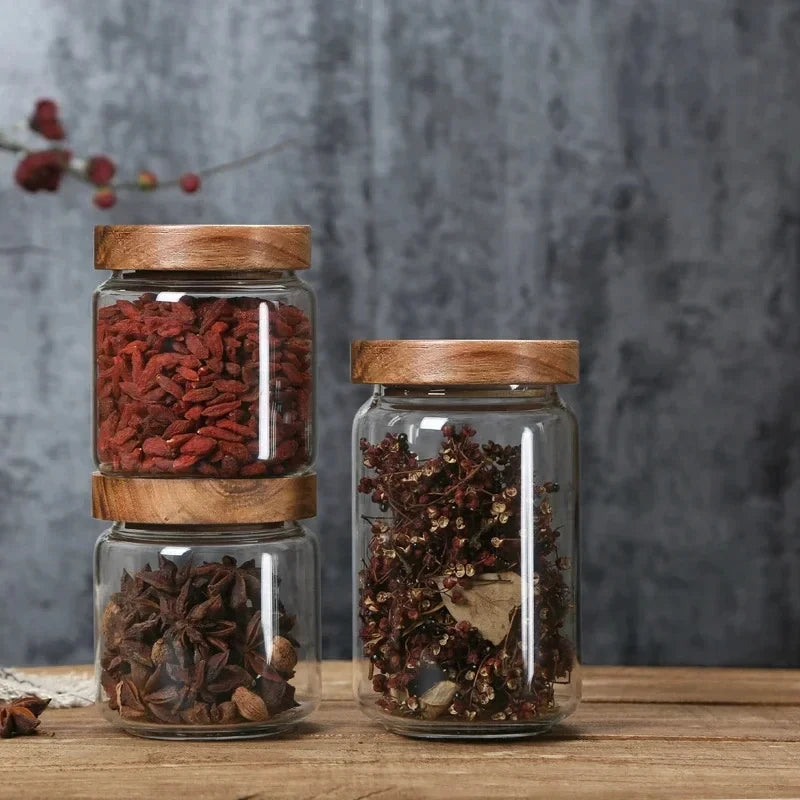 Glass Airtight Kitchen Storage Jar with Wood Lid – Sealed Food Container for Grains & Spices