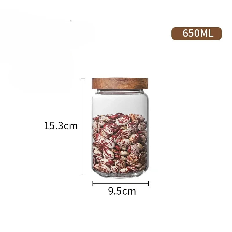 Glass Airtight Kitchen Storage Jar with Wood Lid – Sealed Food Container for Grains & Spices