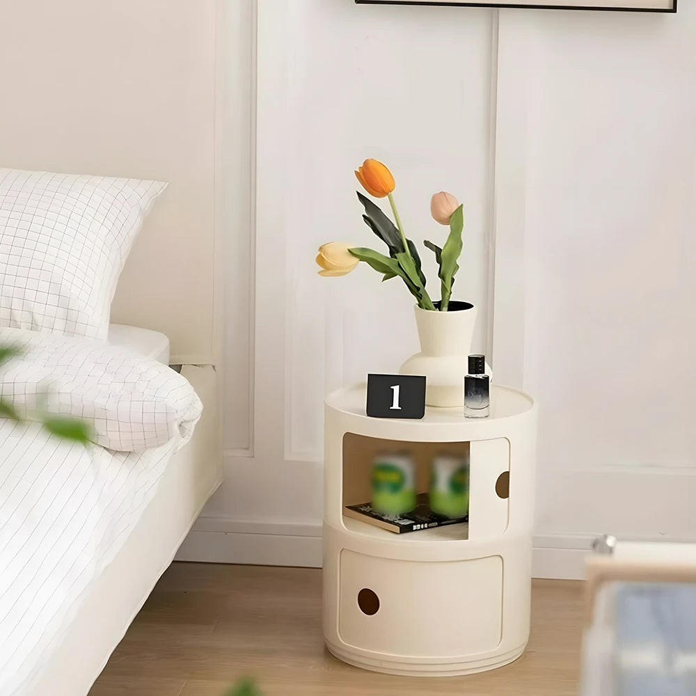Round Bedside Nightstand with Drawers – Modern Multi-Layer Storage Cabinet