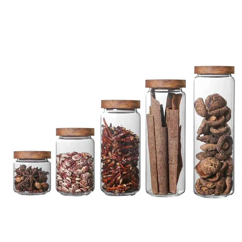 Glass Airtight Kitchen Storage Jar with Wood Lid – Sealed Food Container for Grains & Spices