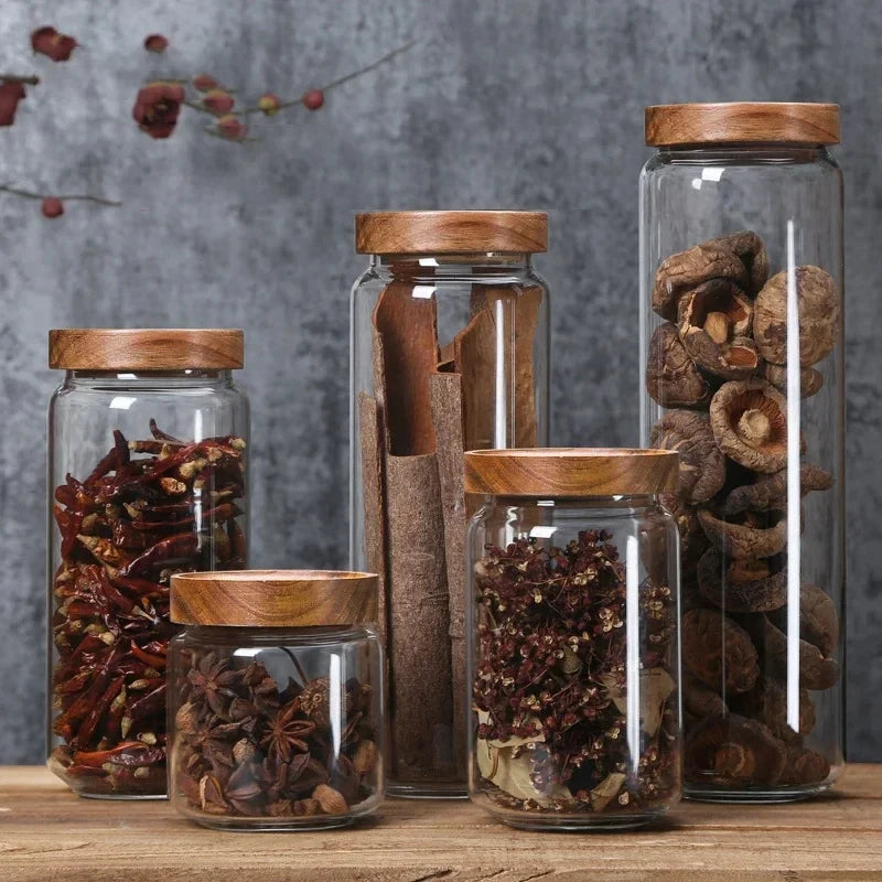 Glass Airtight Kitchen Storage Jar with Wood Lid – Sealed Food Container for Grains & Spices