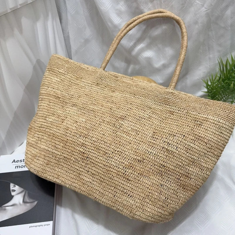 Large Handwoven Rattan Tote Bag – Natural Straw Beach Bag & Summer Shoulder Purse