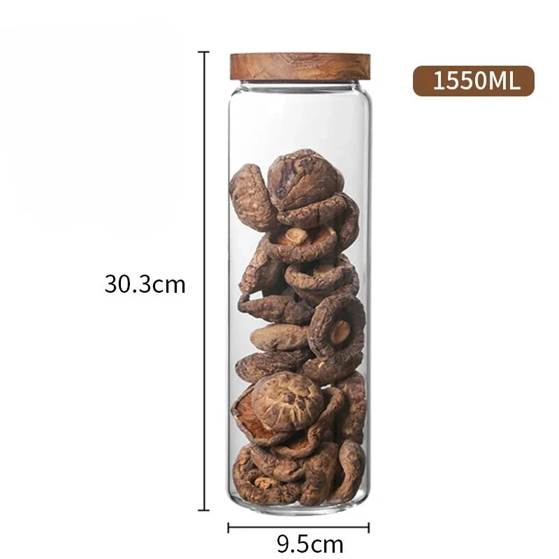 Glass Airtight Kitchen Storage Jar with Wood Lid – Sealed Food Container for Grains & Spices