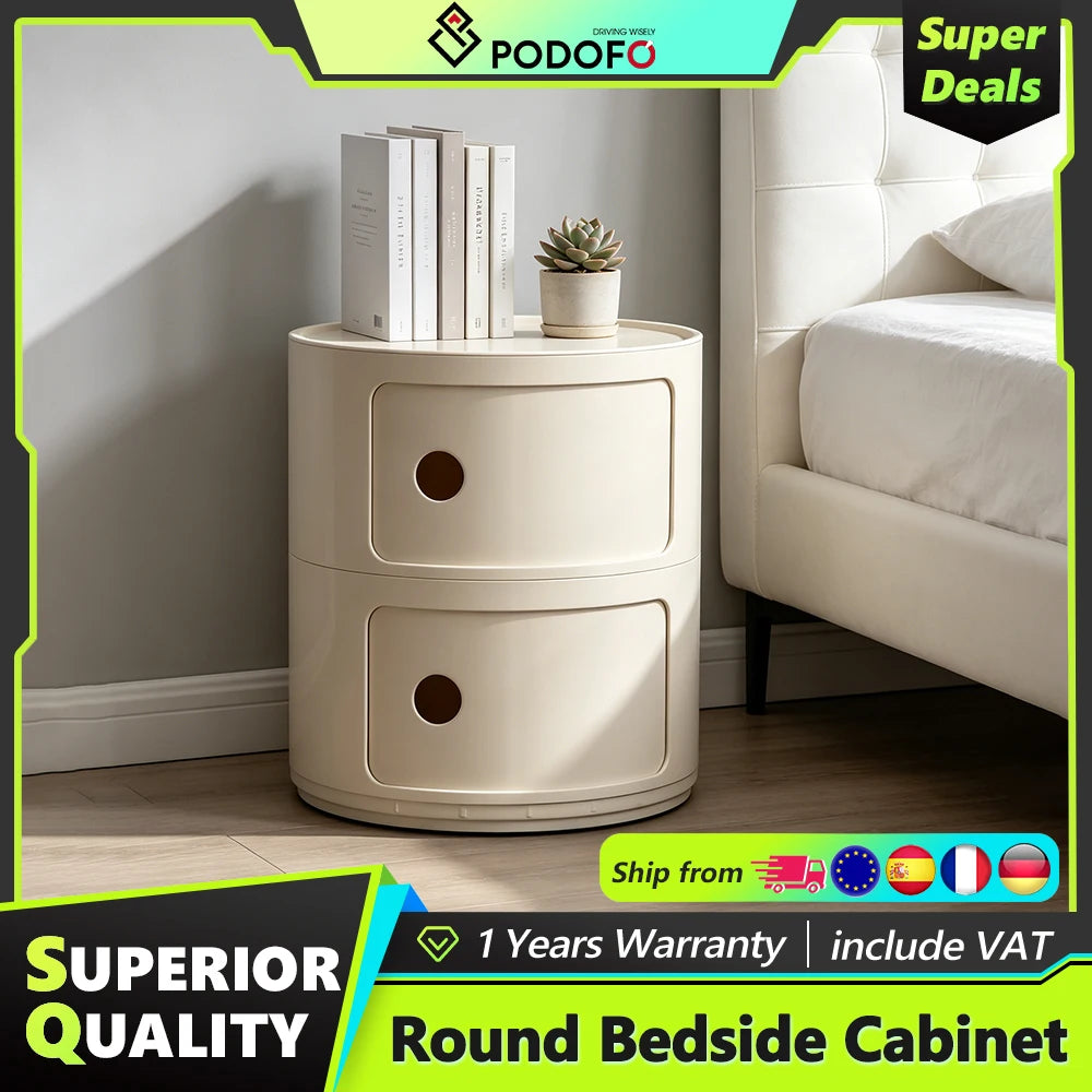 Round Bedside Nightstand with Drawers – Modern Multi-Layer Storage Cabinet
